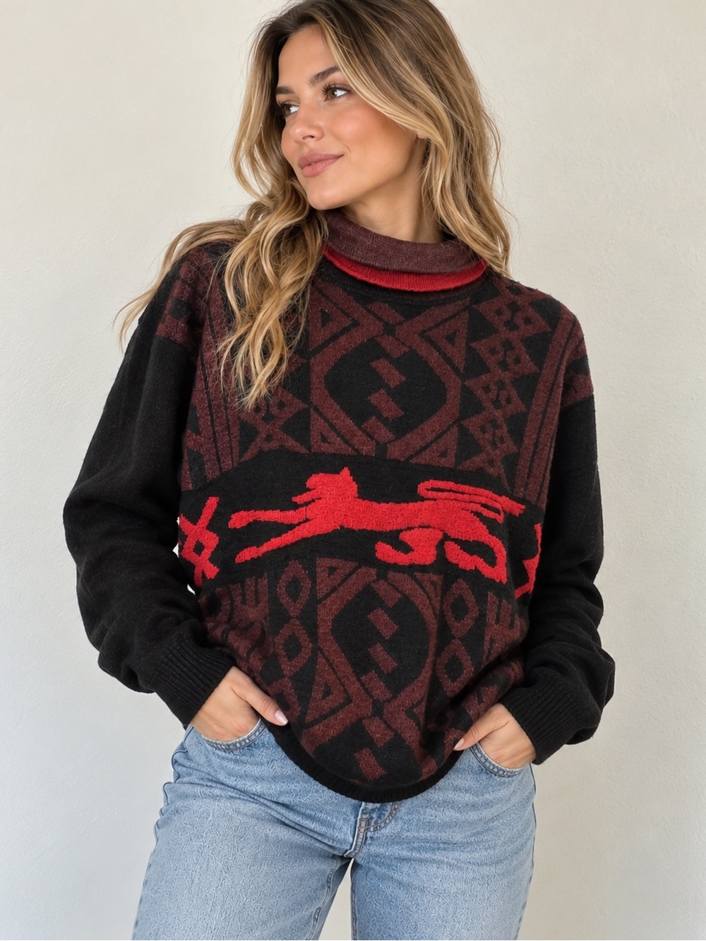Mexx Black and Red Graphic Turtleneck Sweater